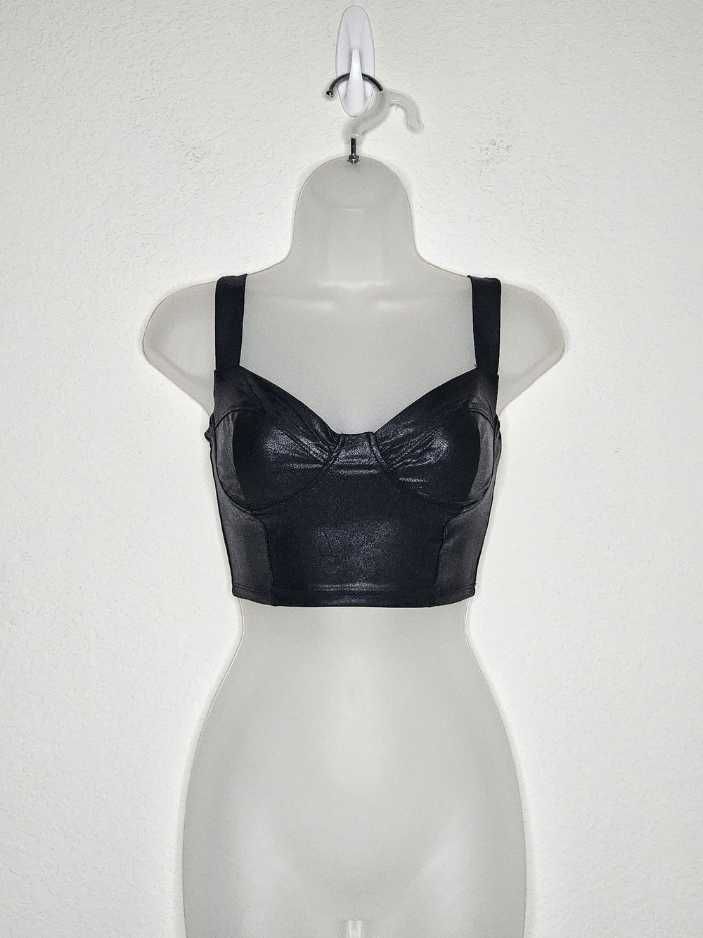 Naked Wardrobe Black Faux Leather Bustier Crop Top XS Shiny Corset Style